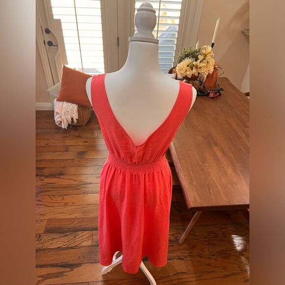 Joie 100% Linen Red Coral Midi Dress V-Neck Sleeveless Smocked Waist Pocket Sz 6 - Picture 8 of 11